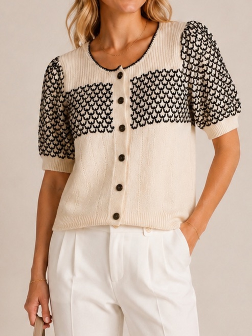 Moth Anthropologie Ivory Black Cardigan Short Sleeve Women's Sweater Large